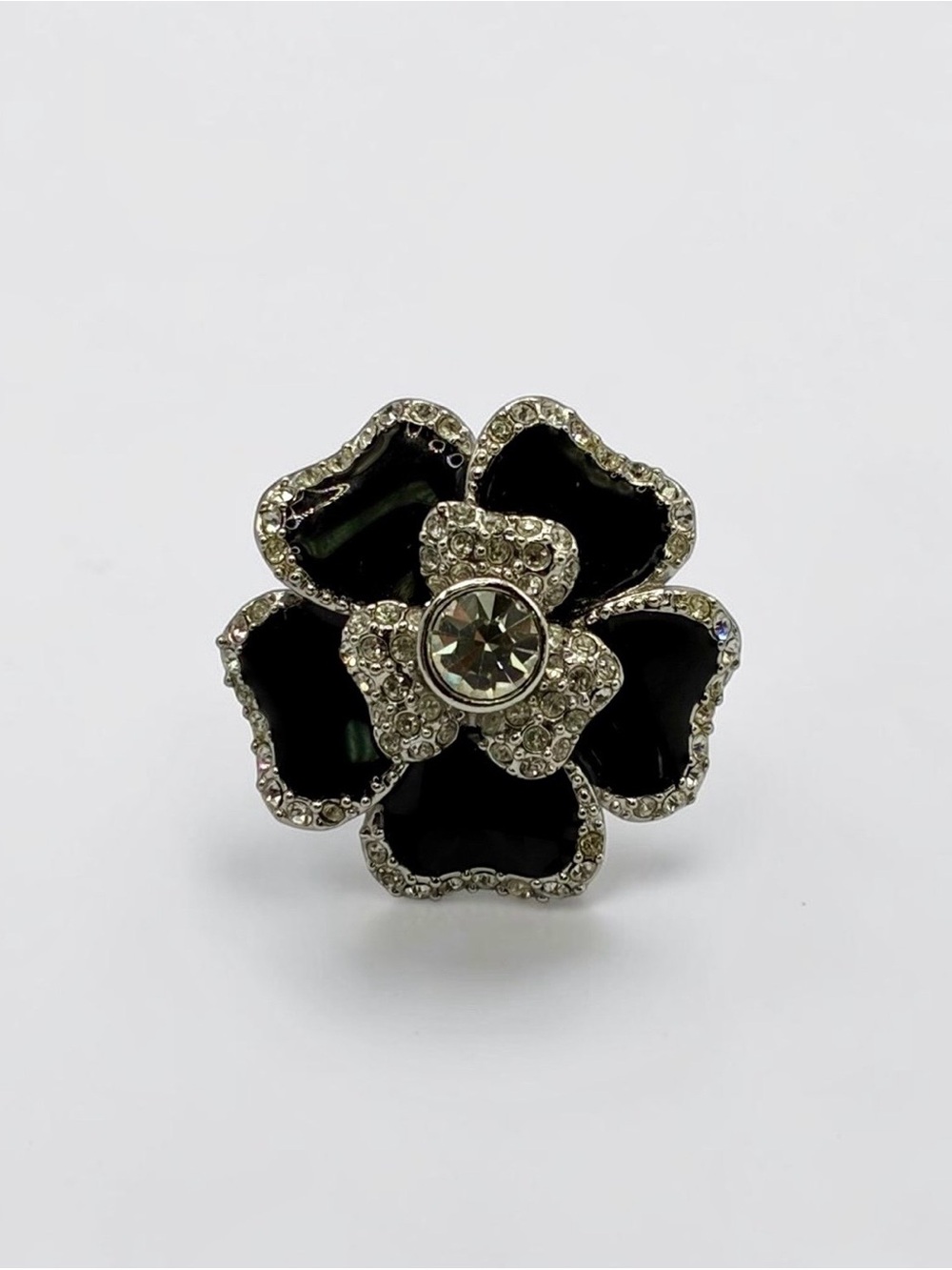 Lia Sophia Black Enamel Crystal Flower Statement Ring Size 7